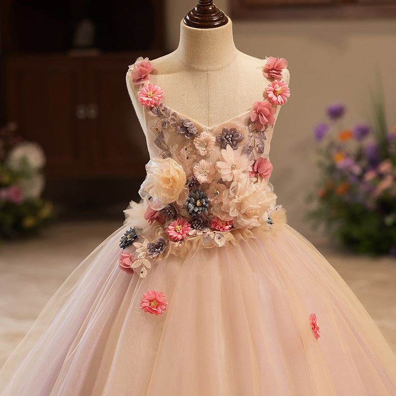Pink A-Line Flower Girl Dress with Lace Flowers & Tulle