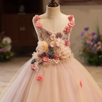 Pink A-Line Flower Girl Dress with Lace Flowers & Tulle