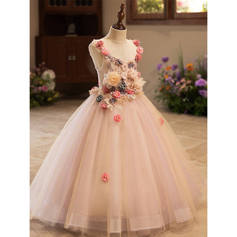 Pink A-Line Flower Girl Dress with Lace Flowers & Tulle