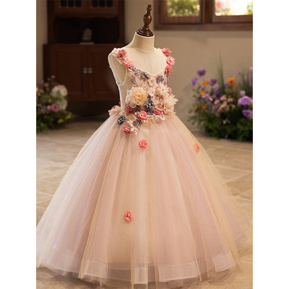 Pink A-Line Flower Girl Dress with Lace Flowers & Tulle