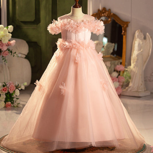 Pink A-Line Flower Girl Dress with Off Shoulder & Sweep Train