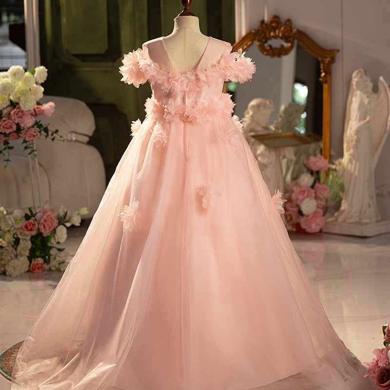 Pink A-Line Flower Girl Dress with Off Shoulder & Sweep Train