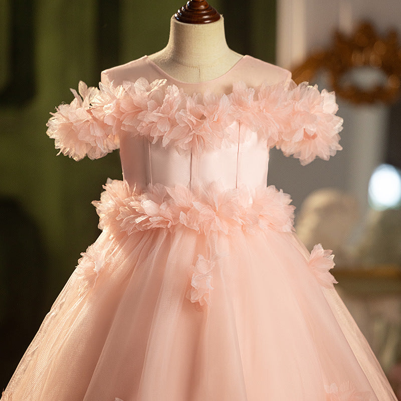 Pink A-Line Flower Girl Dress with Off Shoulder & Sweep Train