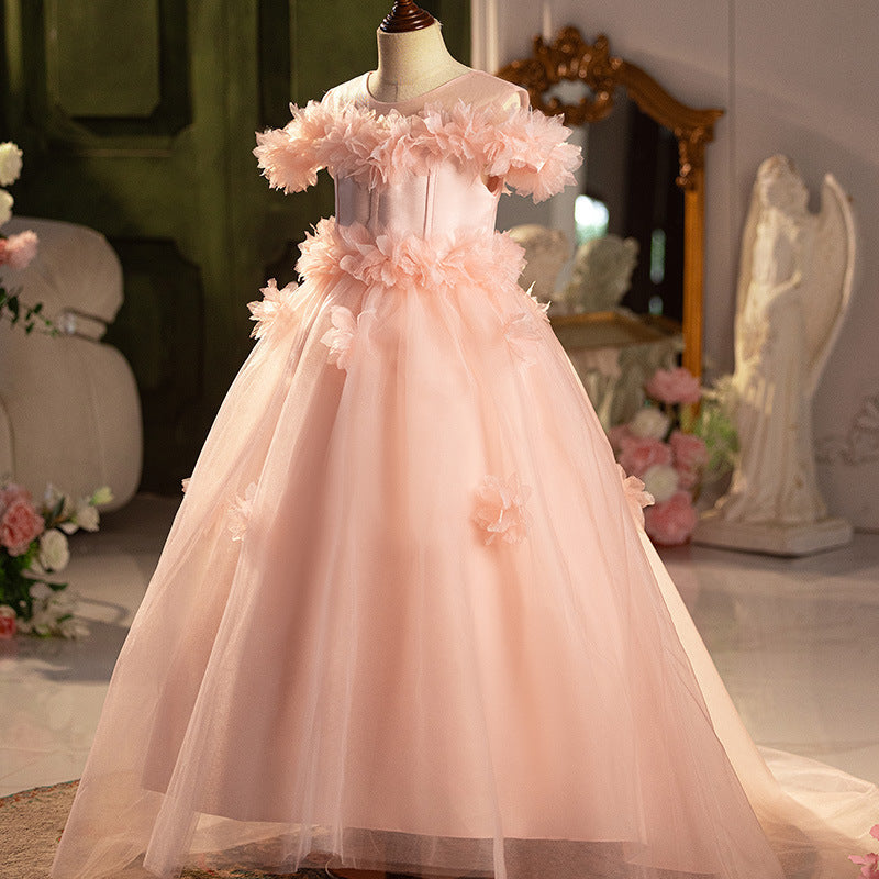 Pink A-Line Flower Girl Dress with Off Shoulder & Sweep Train