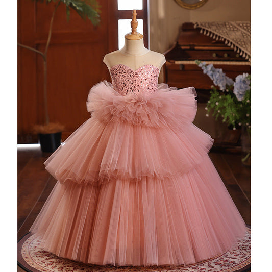 Pink A-Line Flower Girl Dress with Sequins & Cascading Ruffles