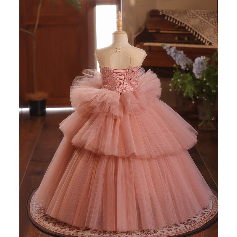 Pink A-Line Flower Girl Dress with Sequins & Cascading Ruffles