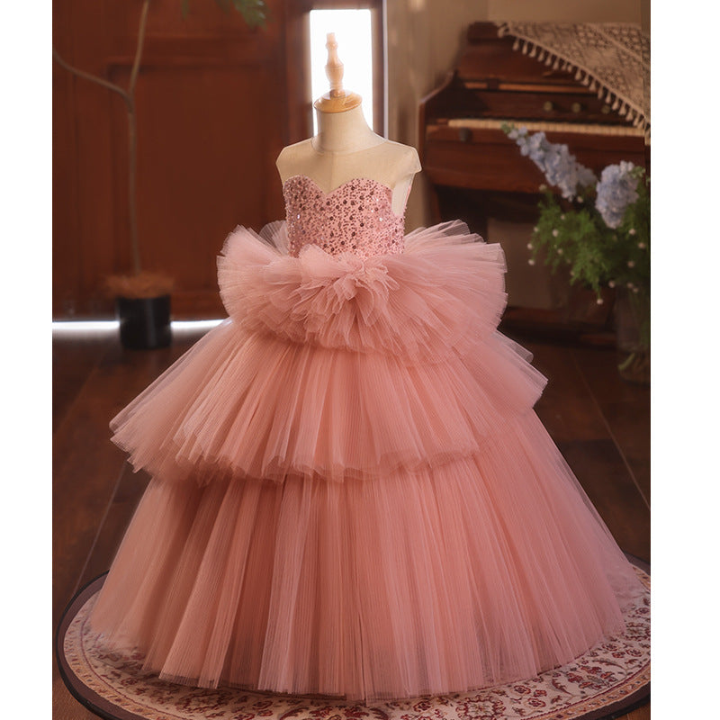 Pink A-Line Flower Girl Dress with Sequins & Cascading Ruffles