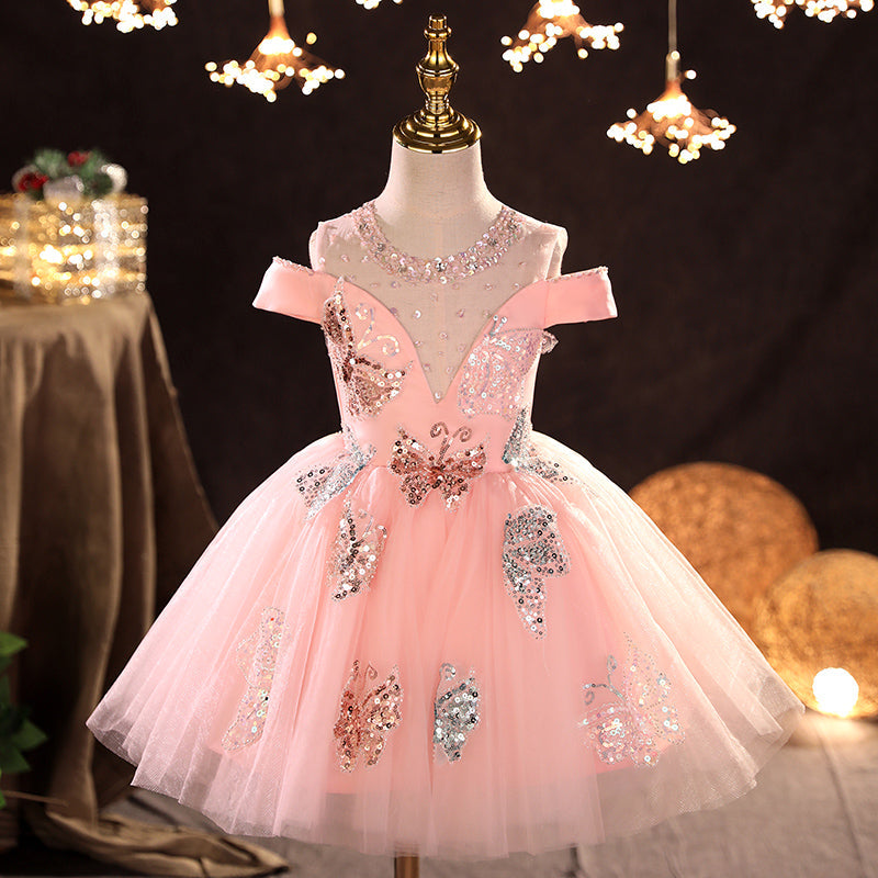 Pink A-line Sequin Flower Girl Dress with Cold Shoulders