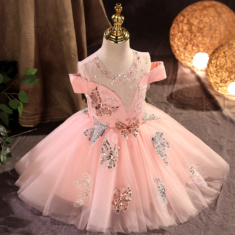 Pink A-line Sequin Flower Girl Dress with Cold Shoulders