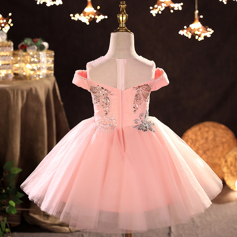 Pink A-line Sequin Flower Girl Dress with Cold Shoulders
