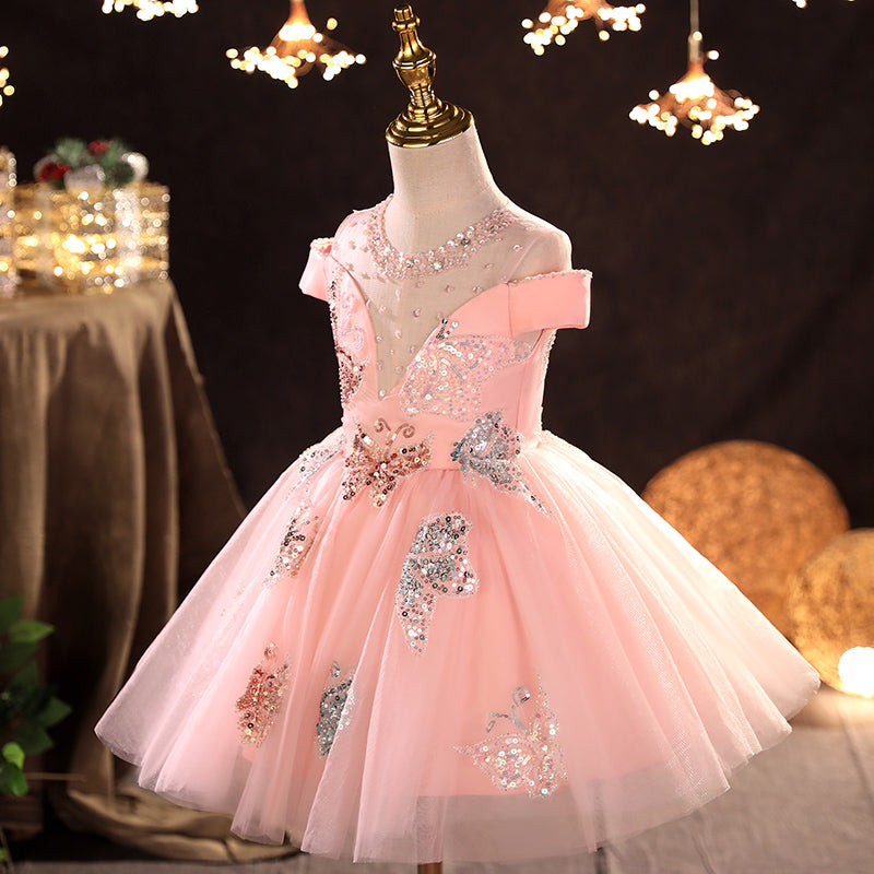 Pink A-line Sequin Flower Girl Dress with Cold Shoulders