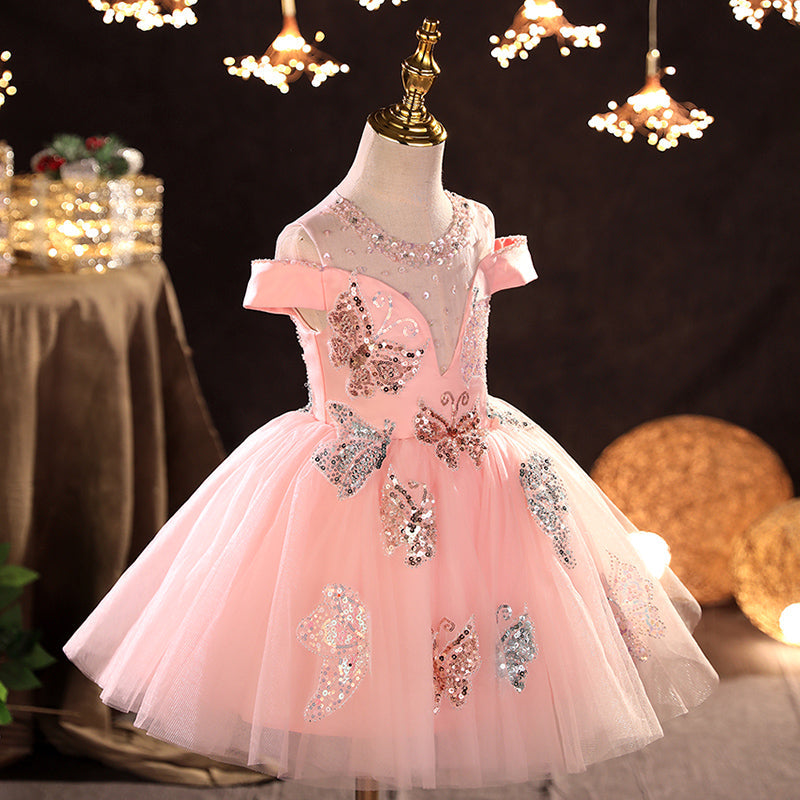 Pink A-line Sequin Flower Girl Dress with Cold Shoulders