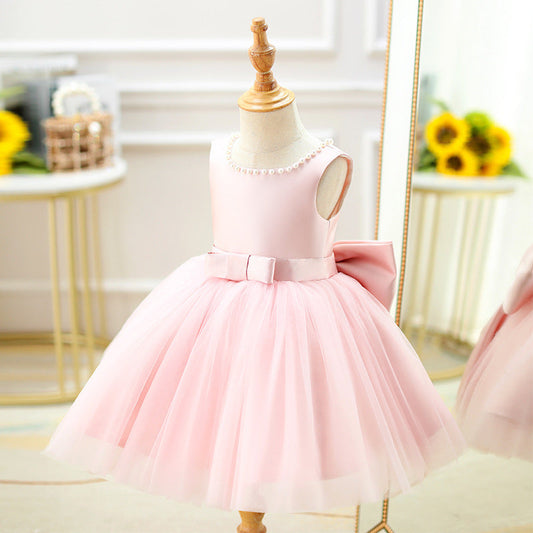 Pink A-line Tea-Length Flower Girl Dress with Bows