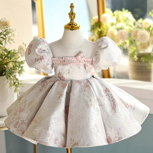 Pink Beaded Sequin Flower Girl Dress with Bow & Puff Sleeves