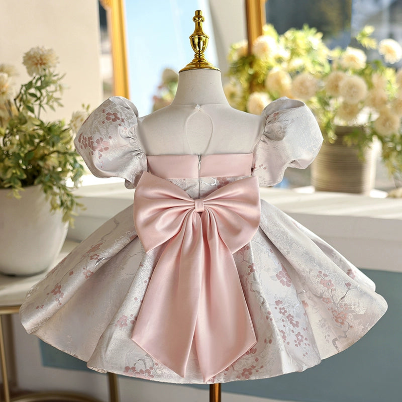 Pink Beaded Sequin Flower Girl Dress with Bow & Puff Sleeves