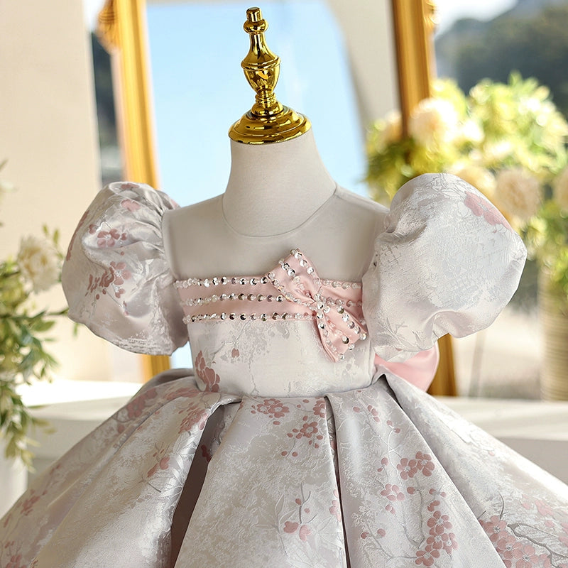 Pink Beaded Sequin Flower Girl Dress with Bow & Puff Sleeves