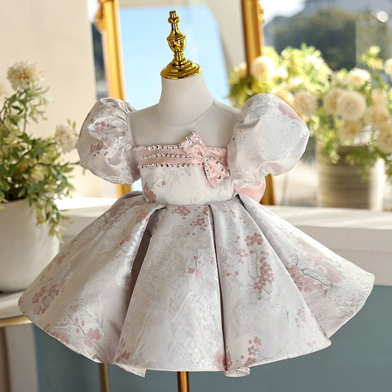 Pink Beaded Sequin Flower Girl Dress with Bow & Puff Sleeves