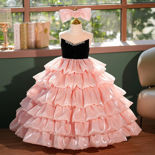 Pink Black A-Line Princess Flower Girl Dress with Beaded Ruffles