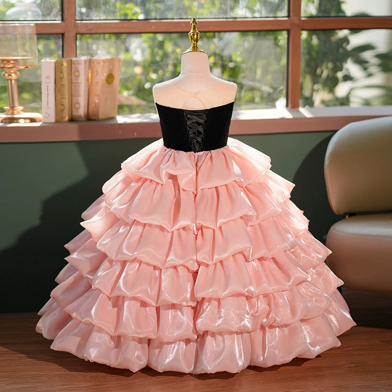 Pink Black A-Line Princess Flower Girl Dress with Beaded Ruffles