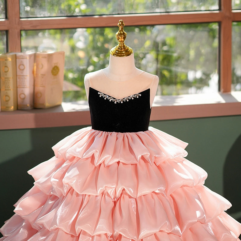 Pink Black A-Line Princess Flower Girl Dress with Beaded Ruffles