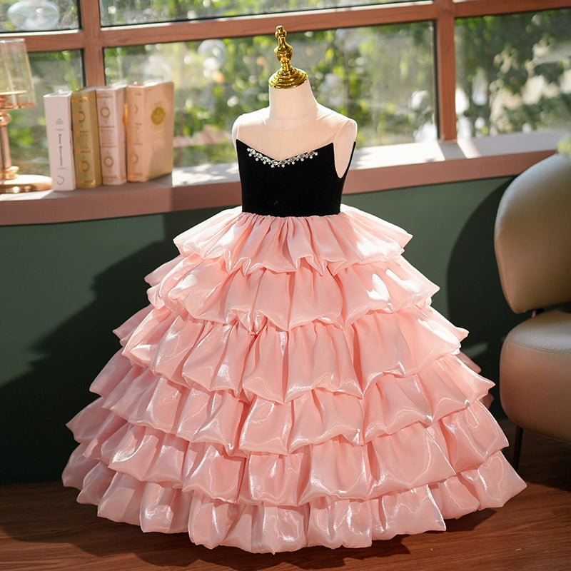Pink Black A-Line Princess Flower Girl Dress with Beaded Ruffles