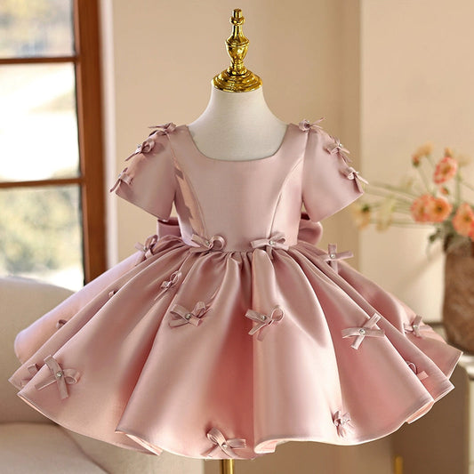 Pink Dusty Rose Satin Flower Girl Dress with Bow & Pleated Design