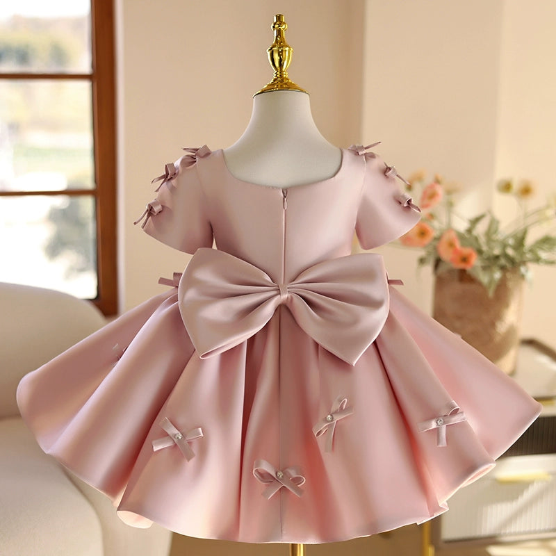 Pink Dusty Rose Satin Flower Girl Dress with Bow & Pleated Design