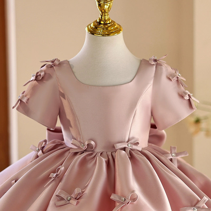 Pink Dusty Rose Satin Flower Girl Dress with Bow & Pleated Design