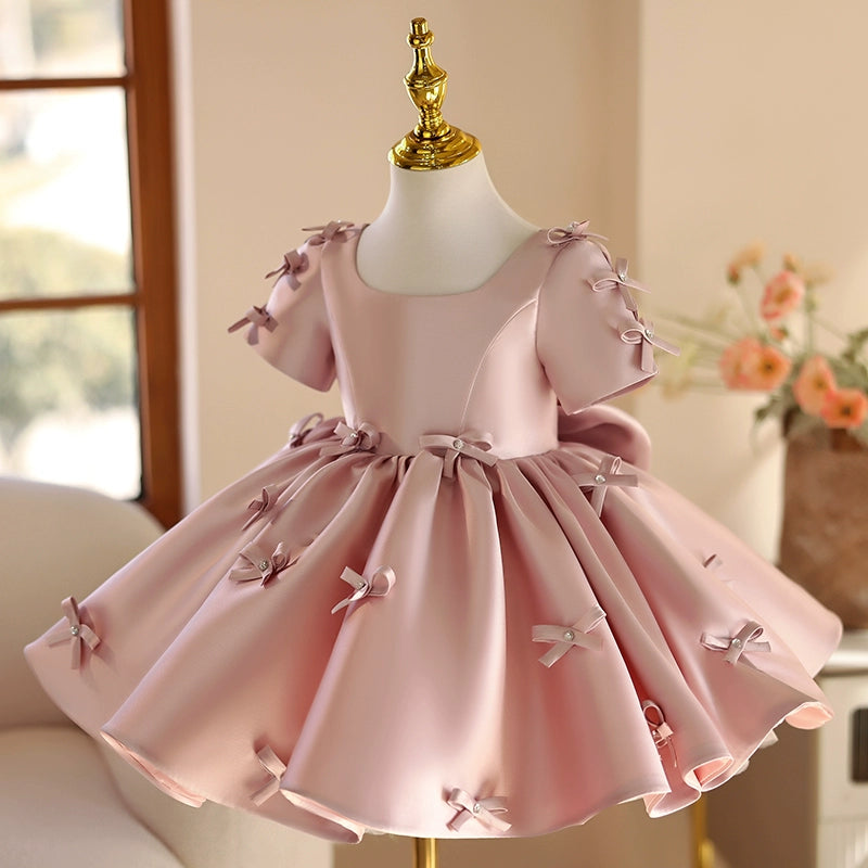 Pink Dusty Rose Satin Flower Girl Dress with Bow & Pleated Design