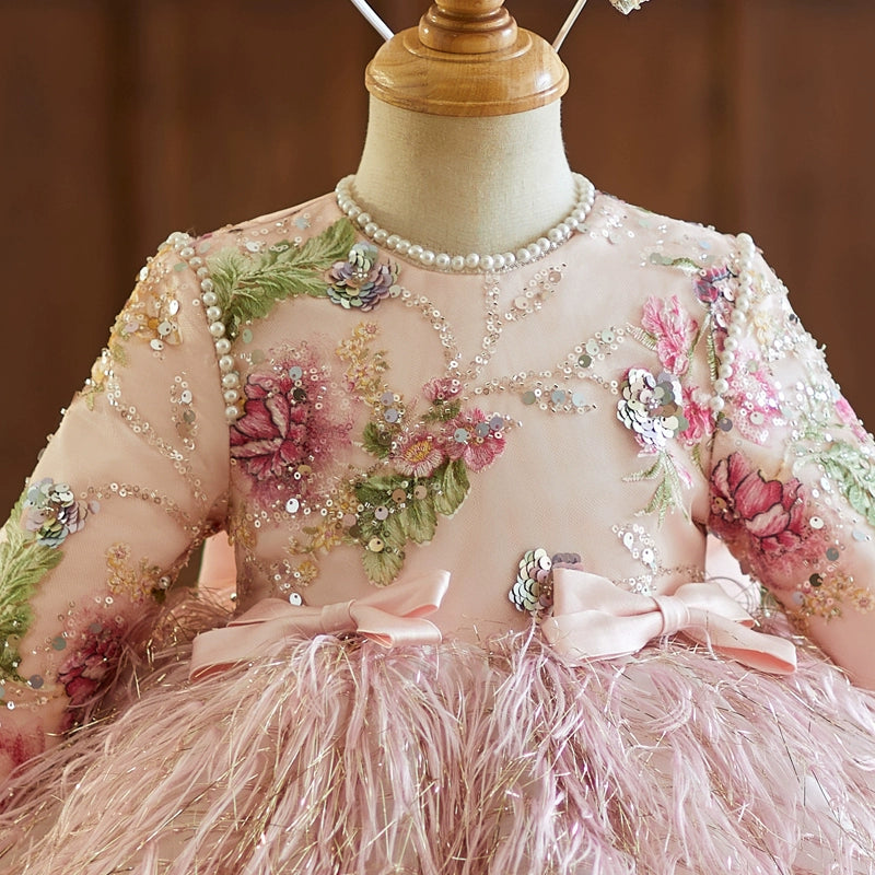 Pink Floral A-Line Flower Girl Dress with Beading & Bow Back