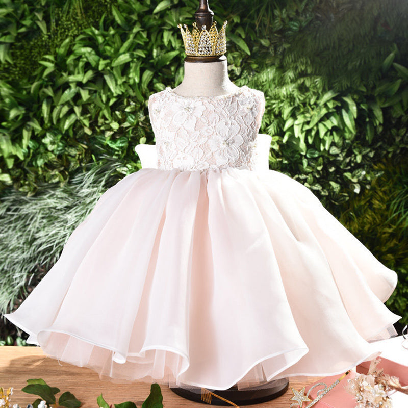 Pink Lace & Organza Flower Girl Dress: Sleeveless Boat Neck