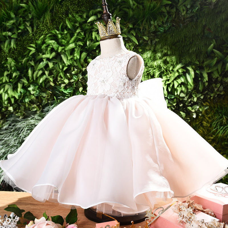 Pink Lace & Organza Flower Girl Dress: Sleeveless Boat Neck