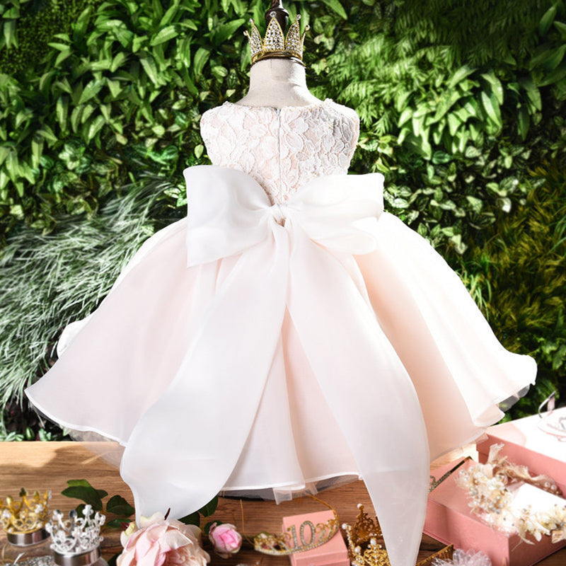 Pink Lace & Organza Flower Girl Dress: Sleeveless Boat Neck