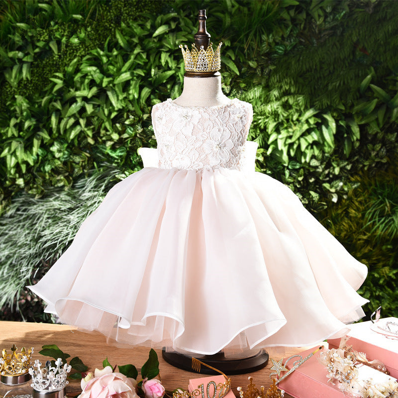 Pink Lace & Organza Flower Girl Dress: Sleeveless Boat Neck