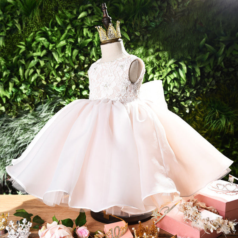Pink Lace & Organza Flower Girl Dress: Sleeveless Boat Neck