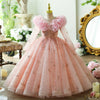 Robe de demoiselle d'honneur trapèze en dentelle rose avec perles et manches longues