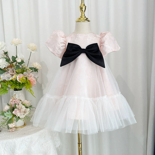 Pink Lace A-Line Flower Girl Dress with Puff Sleeves & Bow
