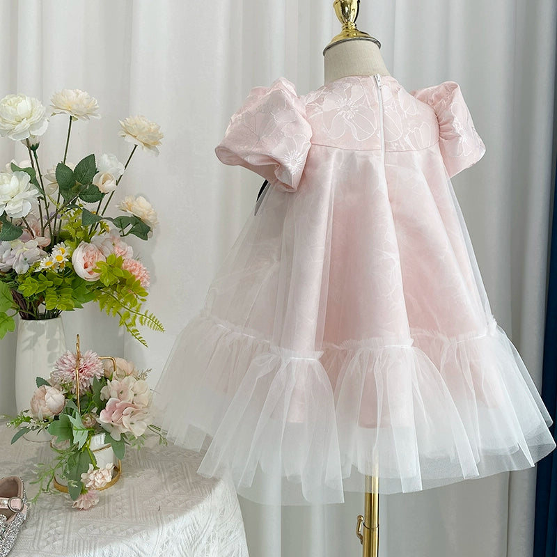 Pink Lace A-Line Flower Girl Dress with Puff Sleeves & Bow