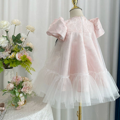 Pink Lace A-Line Flower Girl Dress with Puff Sleeves & Bow