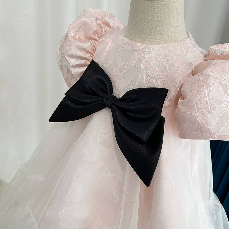 Pink Lace A-Line Flower Girl Dress with Puff Sleeves & Bow
