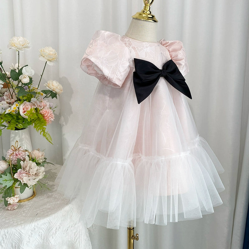 Pink Lace A-Line Flower Girl Dress with Puff Sleeves & Bow