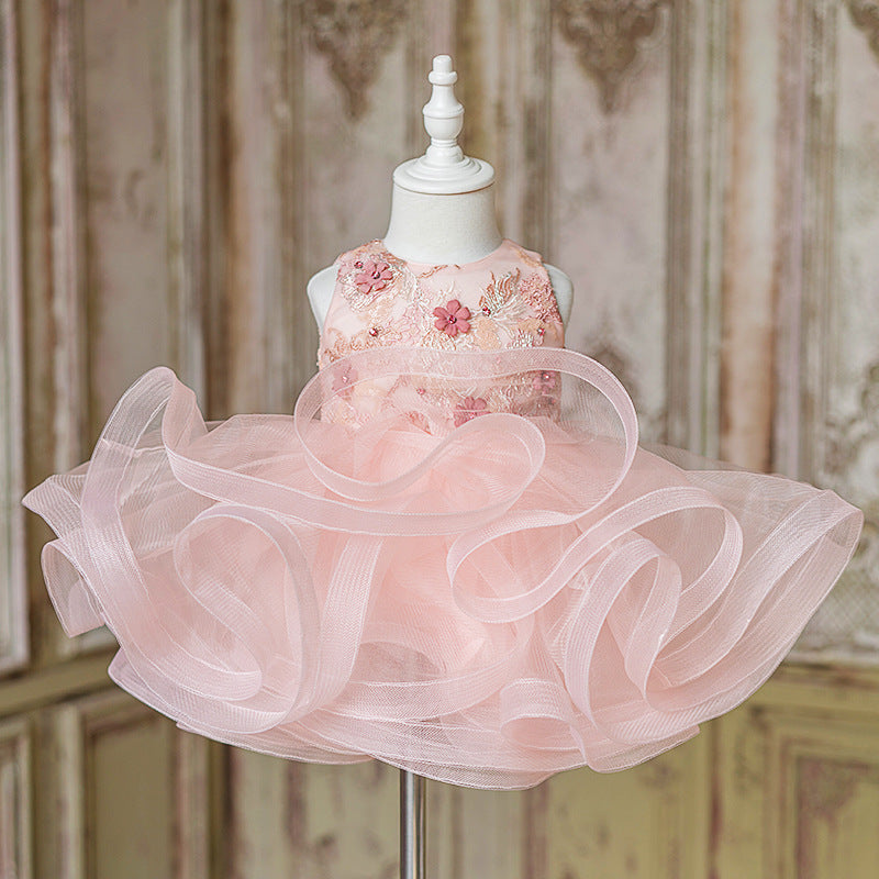 Pink Lace Organza A-Line Flower Girl Dress Sleeveless Tea