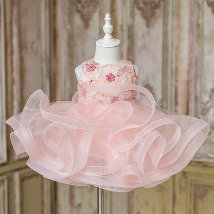 Pink Lace Organza A-Line Flower Girl Dress Sleeveless Tea