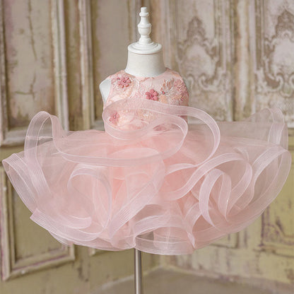 Pink Lace Organza A-Line Flower Girl Dress Sleeveless Tea