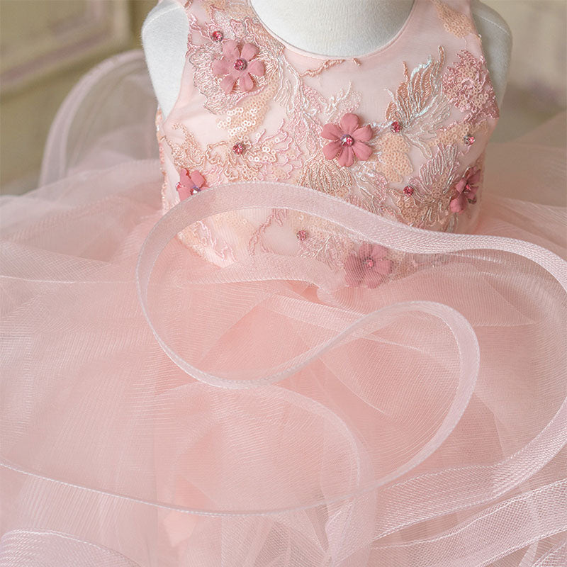 Pink Lace Organza A-Line Flower Girl Dress Sleeveless Tea