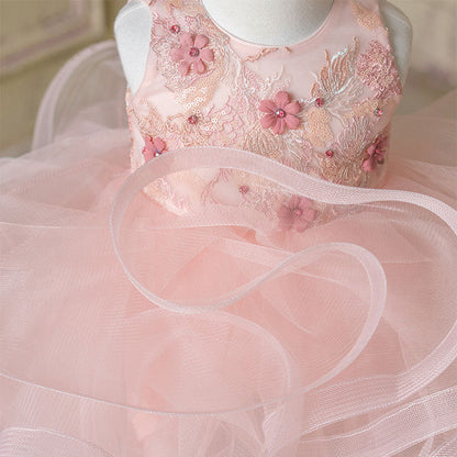 Pink Lace Organza A-Line Flower Girl Dress Sleeveless Tea