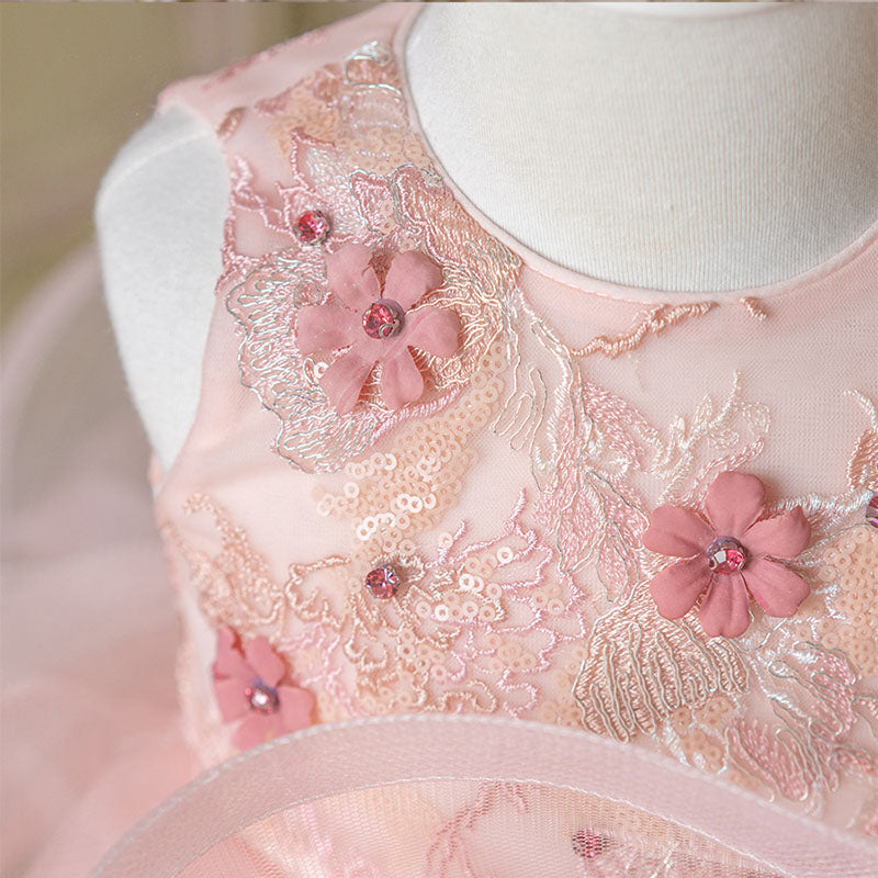 Pink Lace Organza A-Line Flower Girl Dress Sleeveless Tea
