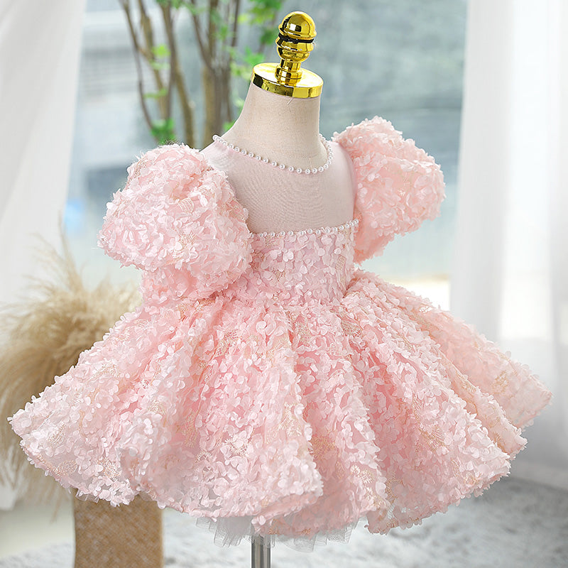 Pink Lace Princess Flower Girl Dress with Floral Puff Sleeves