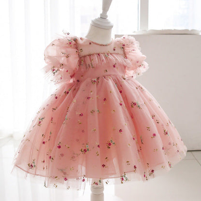 Pink Lace Princess Flower Girl Dress with Puff Sleeves & Bow