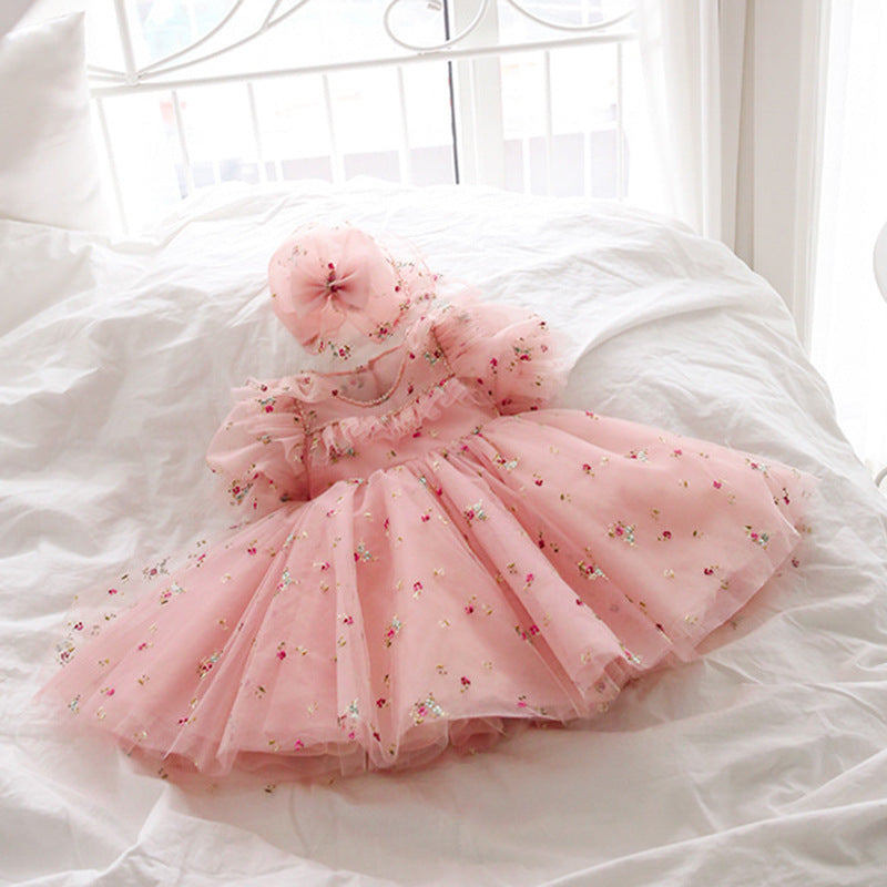 Pink Lace Princess Flower Girl Dress with Puff Sleeves & Bow